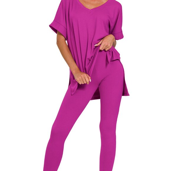 V‑Neck Short-Sleeve Loungewear Leggings Set-Buttery Soft Brushed DTY Microfiber - Picture 5 of 6